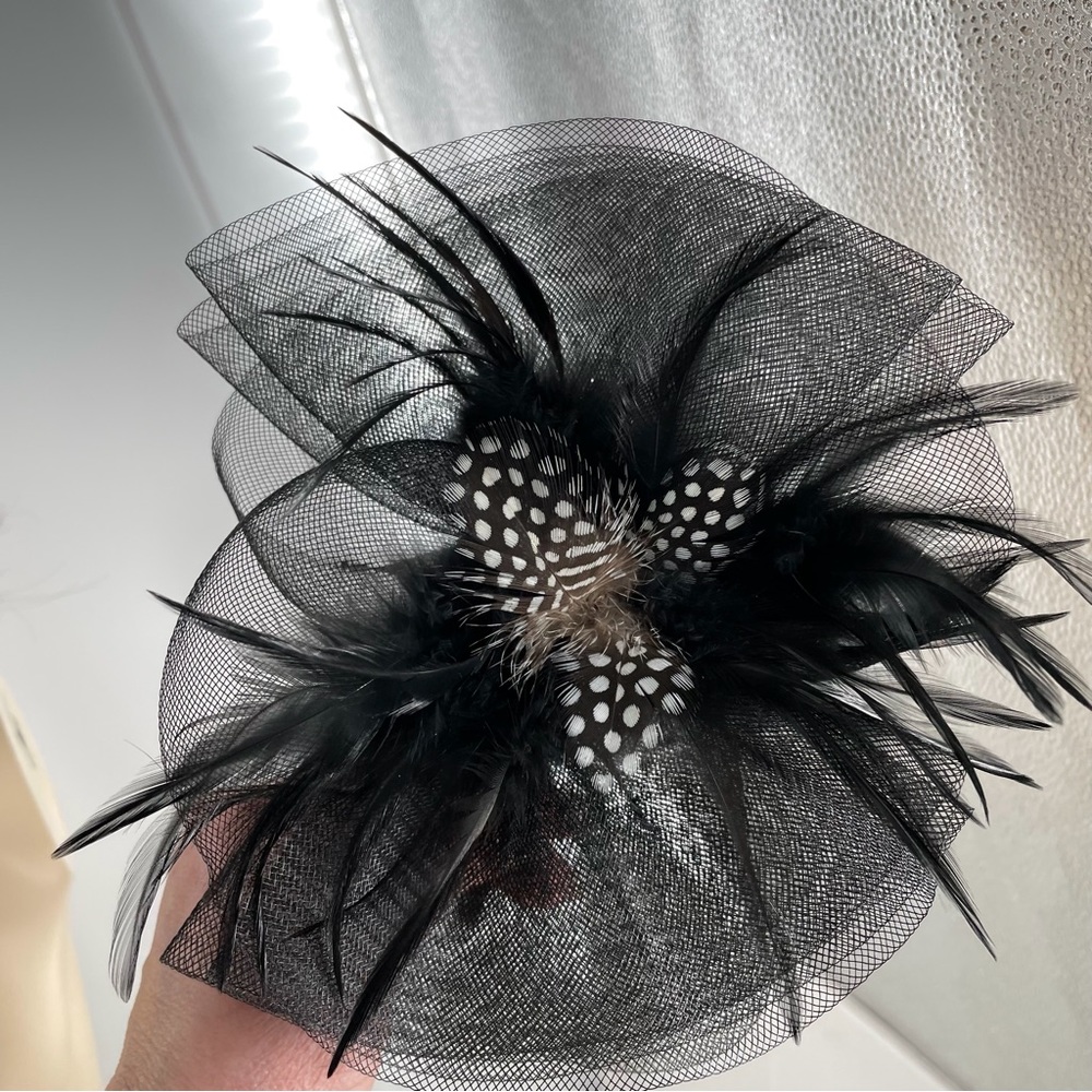 Small Black Derby Wedding Fascinator with Polkadot Feathers